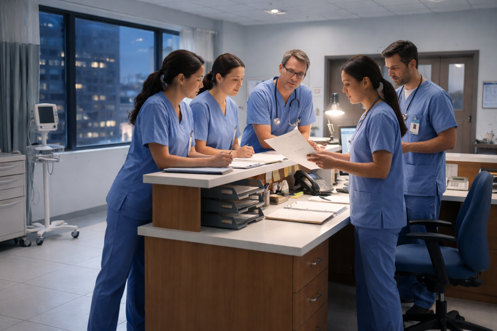 Equipo médico revisando documentación en hospital para analizar posible negligencia médica