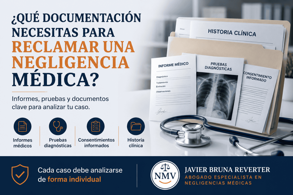 Documentación necesaria para reclamar una negligencia médica: informes médicos, pruebas diagnósticas, consentimientos informados e historia clínica.