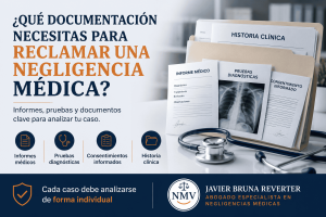 Documentación necesaria para reclamar una negligencia médica: informes médicos, pruebas diagnósticas, consentimientos informados e historia clínica.